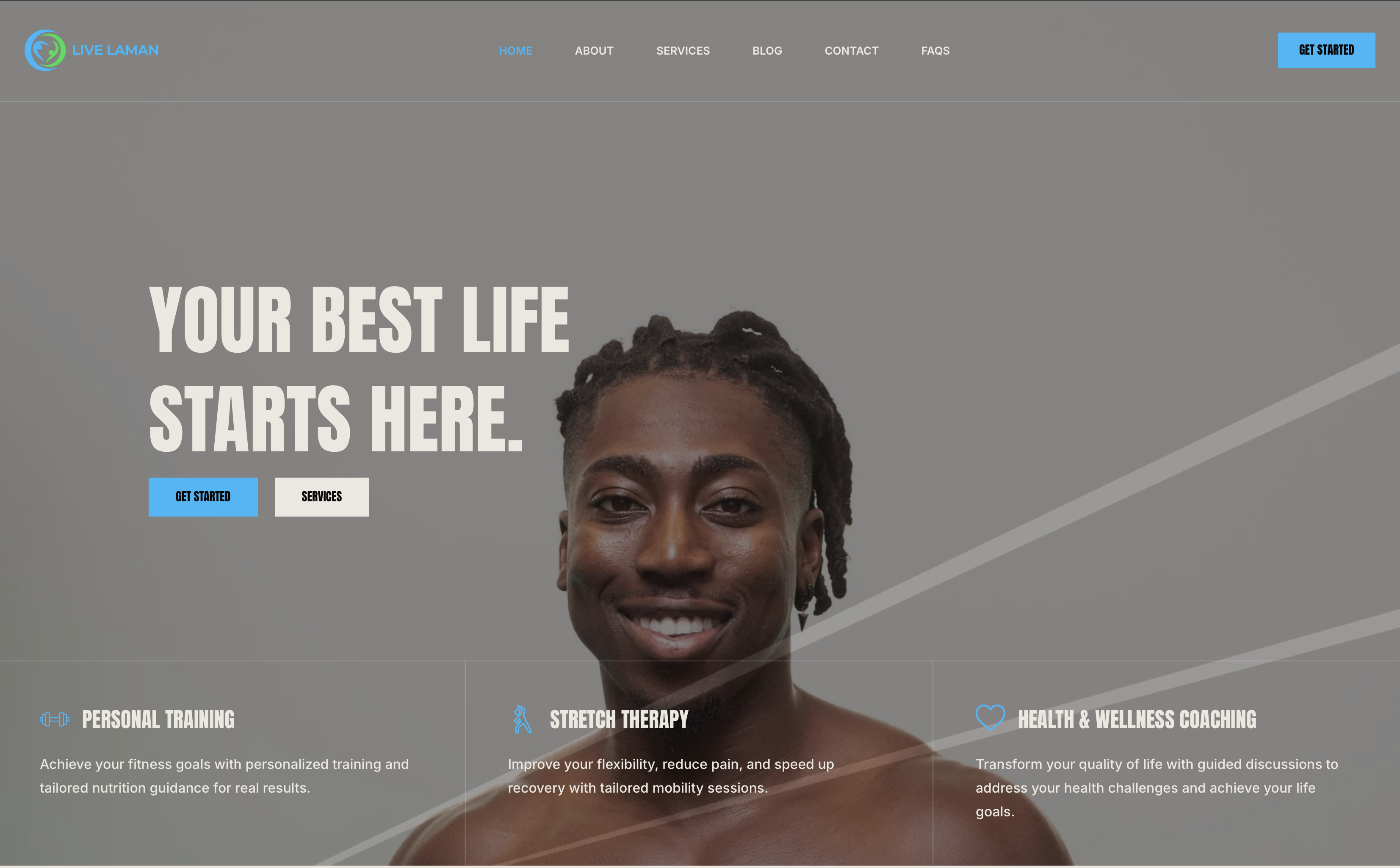 Homepage design for Live Laman, a fitness and wellness coaching website developed by Start to Pivot. Features a bold, motivational tagline, service offerings, and a clean, modern layout.